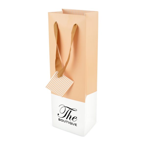 Matte laminated 200gsm paper wine bag with coloured stripe, ribbed ribbon handles, and striped coloured gift tag.