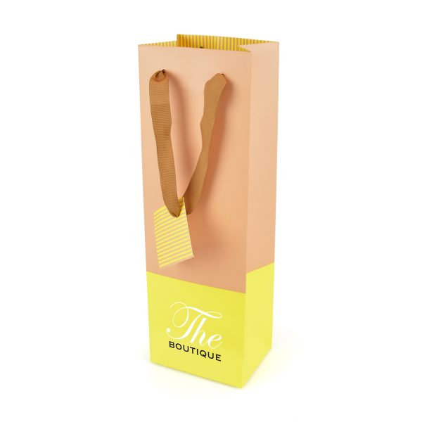 Matte laminated 200gsm paper wine bag with coloured stripe, ribbed ribbon handles, and striped coloured gift tag.