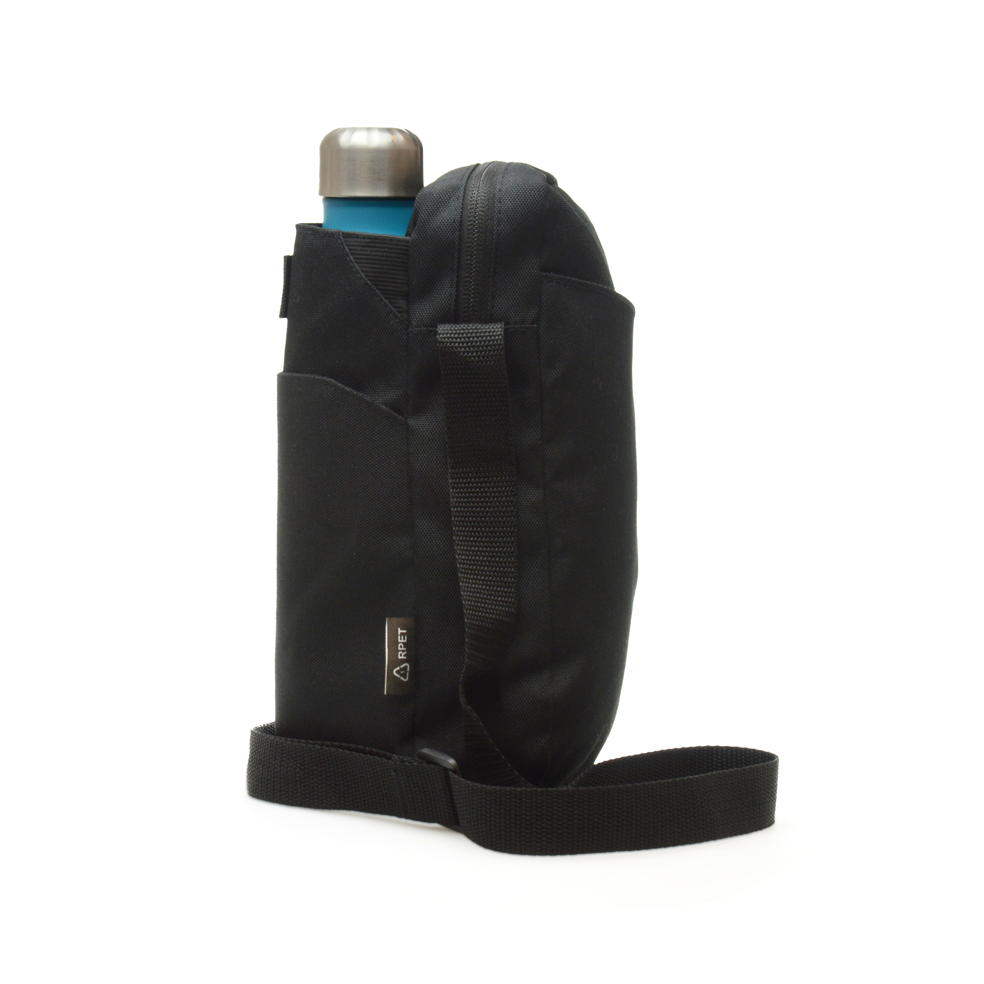 RPET cross body bag with zipped drinks bottle compartment and adjustable strap. Additional compartments for slim items such as mobile phone or wallet.