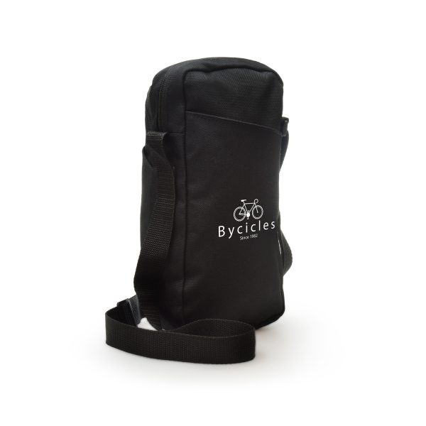 RPET cross body bag with zipped drinks bottle compartment and adjustable strap. Additional compartments for slim items such as mobile phone or wallet.