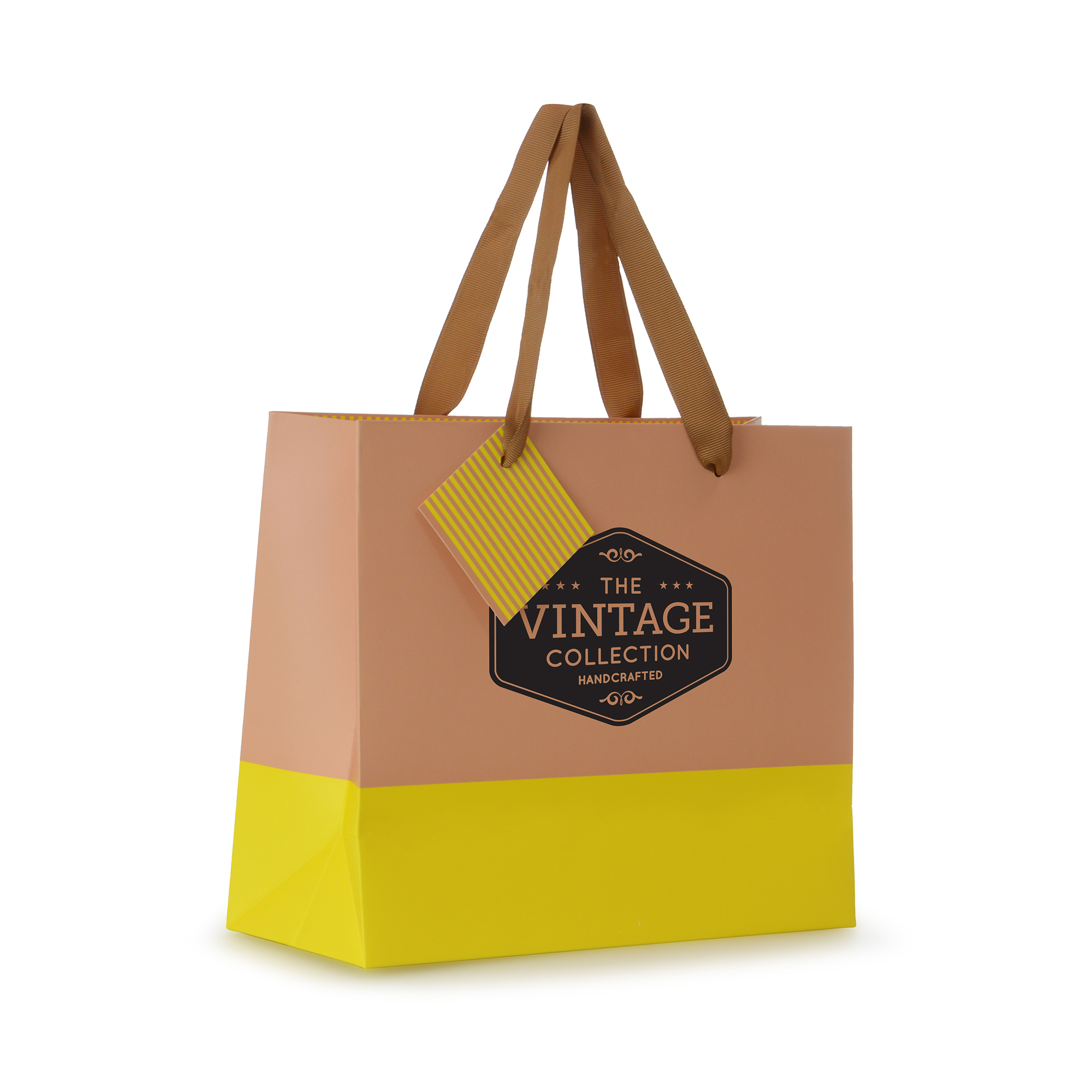 Matte laminated 210gsm paper gift bag with colour block across the bottom of the bag, striped inside edge, striped gift tag and recyclable polyester handles