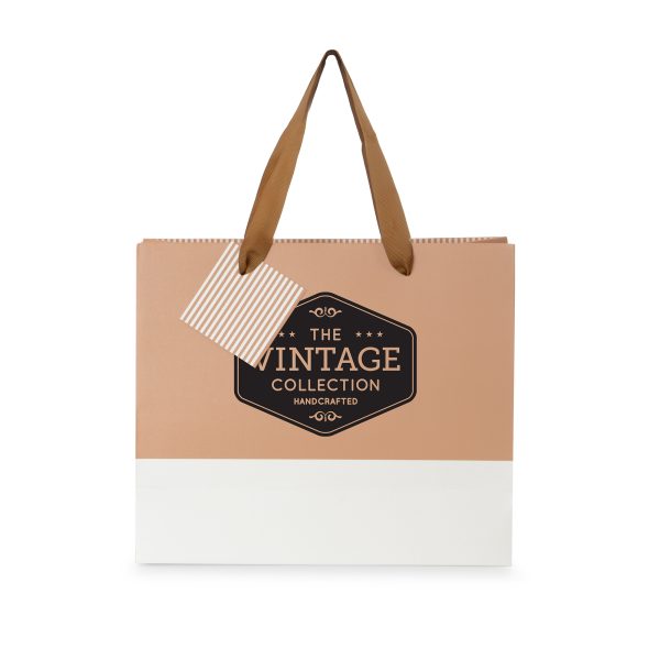 Matte laminated 210gsm paper gift bag with colour block across the bottom of the bag, striped inside edge, striped gift tag and recyclable polyester handles