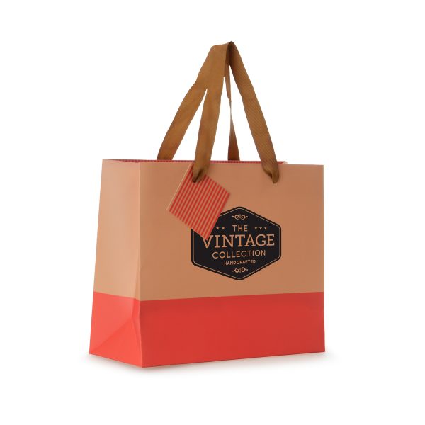 Matte laminated 210gsm paper gift bag with colour block across the bottom of the bag, striped inside edge, striped gift tag and recyclable polyester handles