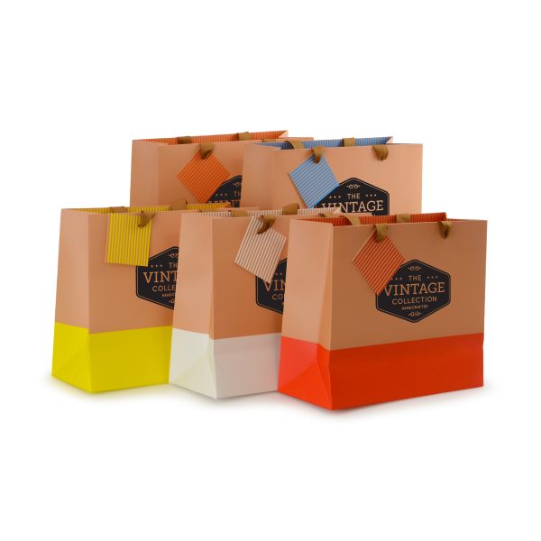 Matte laminated 210gsm paper gift bag with colour block across the bottom of the bag, striped inside edge, striped gift tag and recyclable polyester handles