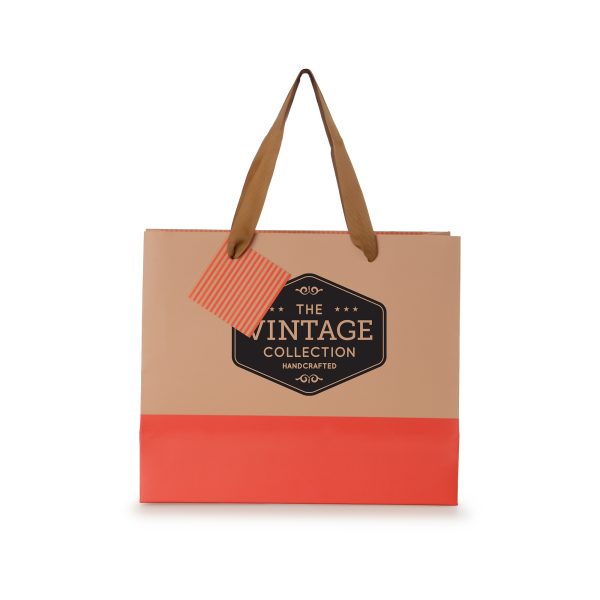 Matte laminated 210gsm paper gift bag with colour block across the bottom of the bag, striped inside edge, striped gift tag and recyclable polyester handles