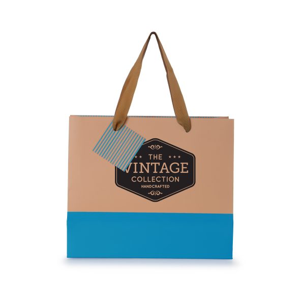 Matte laminated 210gsm paper gift bag with colour block across the bottom of the bag, striped inside edge, striped gift tag and recyclable polyester handles