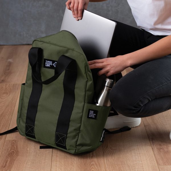 Three Peaks® branded laptop backpack made from recycled PET single-use bottles. The 600D RPET material makes this soft yet hardwearing. With a padded laptop sleeve that holds a laptop up to 16’’, 2 large outer drinks pockets, 2 extra inner compartments for keys and wallets, and shoulder straps designed for comfort. Perfect for your next adventure, or even just daily use