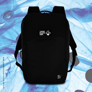 Three Peaks® branded bag made from recycled PET single-use bottles. Large 22L storage with secure laptop compartment and anti-theft pocket with a tough water-resistant exterior. Ideal for travel with hand luggage sized dimensions. Includes a USB charging port and luggage strap.