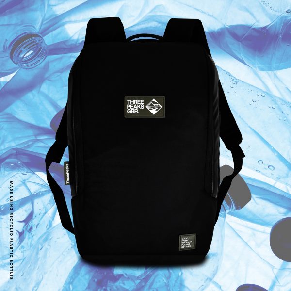 Three Peaks® branded bag made from recycled PET single-use bottles. Large 22L storage with secure laptop compartment and anti-theft pocket with a tough water-resistant exterior. Ideal for travel with hand luggage sized dimensions. Includes a USB charging port and luggage strap.