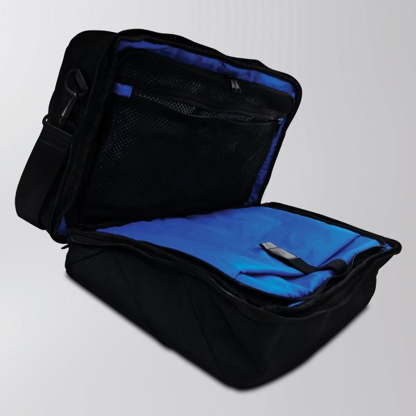 Three Peaks® 28L bag made from recycled PET single-use bottles. Features a detachable and adjustable padded shoulder strap for comfort, several internal compartments including a secure padded space for a 17” laptop and a tough water-resistant exterior. Ideal for business trips, the daily commute and weekends away. Includes a USB charging port.