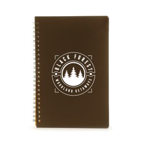 A5 spiral bound notebook with 70 lined sheets and eco-friendly cover made from 50% recycled coffee grinds and 50% PP plastic.