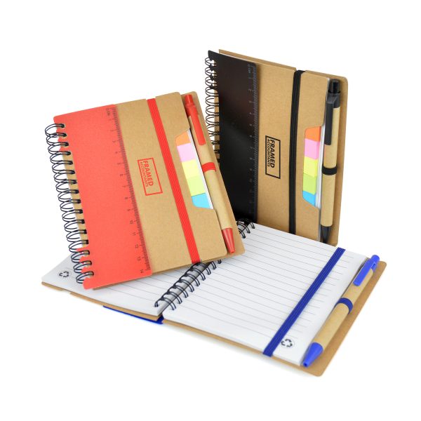 3 in 1 wire bound notebook with 70 lined sheets housed in a natural card cover with elastic closure. Includes pen, 25 sticky flags and integrated ruler.