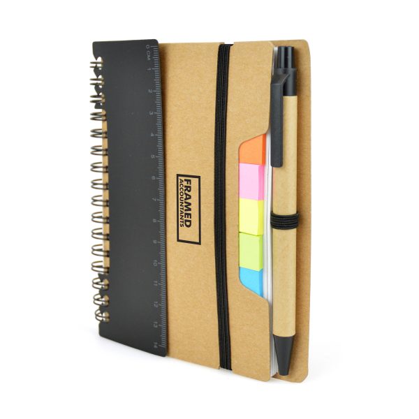 3 in 1 wire bound notebook with 70 lined sheets housed in a natural card cover with elastic closure. Includes pen, 25 sticky flags and integrated ruler.