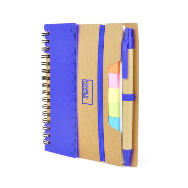 3 in 1 wire bound notebook with 70 lined sheets housed in a natural card cover with elastic closure. Includes pen, 25 sticky flags and integrated ruler.