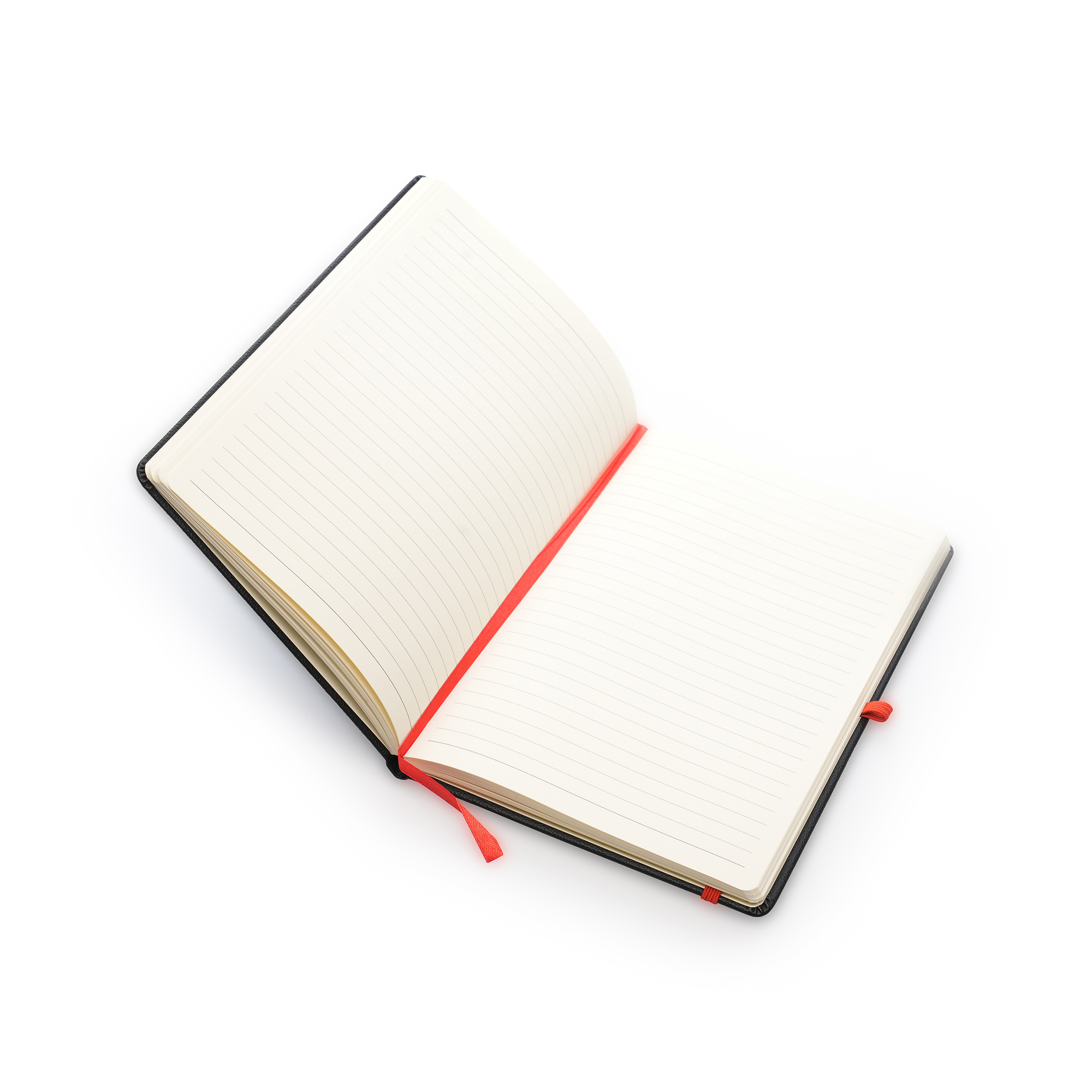 80 lined sheet notebook made from recycled materials. Your logo is engraved to reveal a coloured undercoat. With coloured ribbon bookmark, elastic pen loop and elastic closure