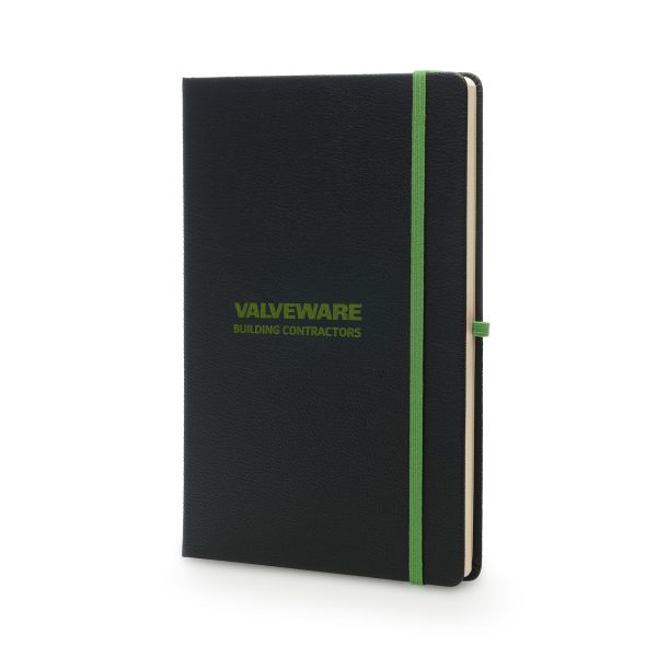 80 lined sheet notebook made from recycled materials. Your logo is engraved to reveal a coloured undercoat. With coloured ribbon bookmark, elastic pen loop and elastic closure