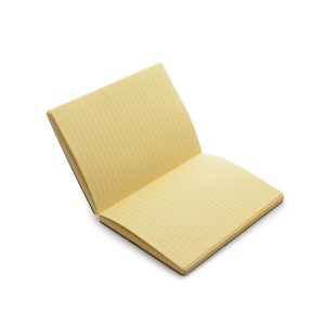 Eco-friendly notebook with bamboo board front and back cover, RPET polyester spine and 128 pages of lined Kraft paper and blank pre-printed space to write the date on every page. Available in natural bamboo with black RPET spine.