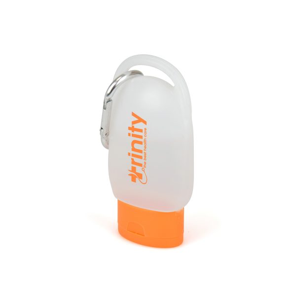 30ml pocket size hand sanitiser in a clear plastic casing with coloured lid and silver carabiner clip. Contains 62% alcohol.