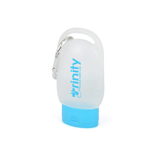 30ml pocket size hand sanitiser in a clear plastic casing with coloured lid and silver carabiner clip. Contains 62% alcohol.