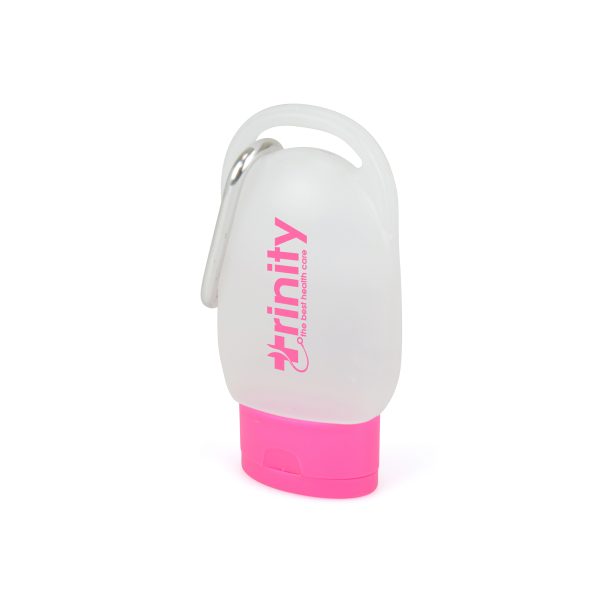 30ml pocket size hand sanitiser in a clear plastic casing with coloured lid and silver carabiner clip. Contains 62% alcohol.