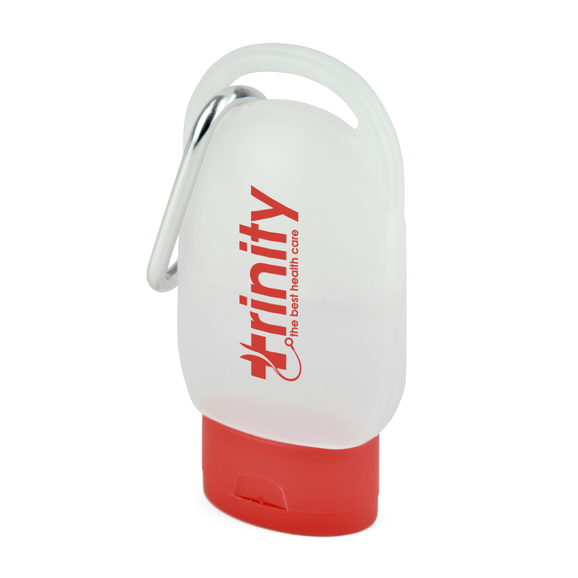 30ml pocket size hand sanitiser in a clear plastic casing with coloured lid and silver carabiner clip. Contains 62% alcohol.