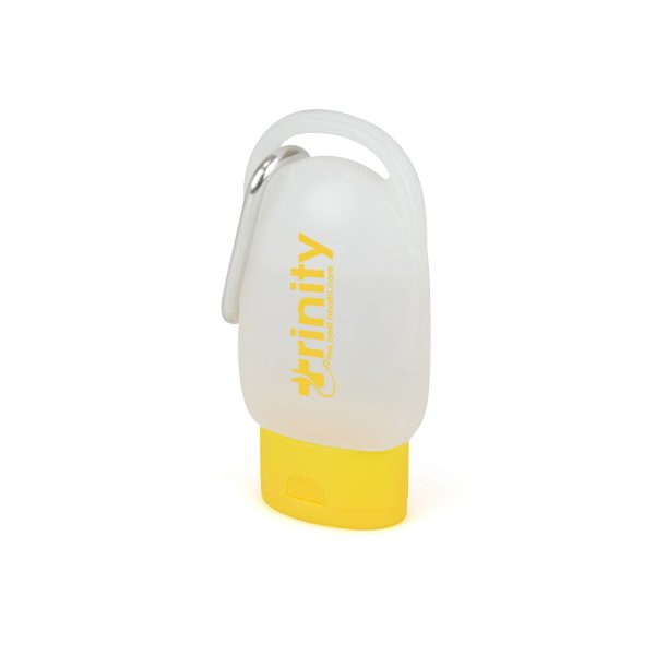 30ml pocket size hand sanitiser in a clear plastic casing with coloured lid and silver carabiner clip. Contains 62% alcohol.