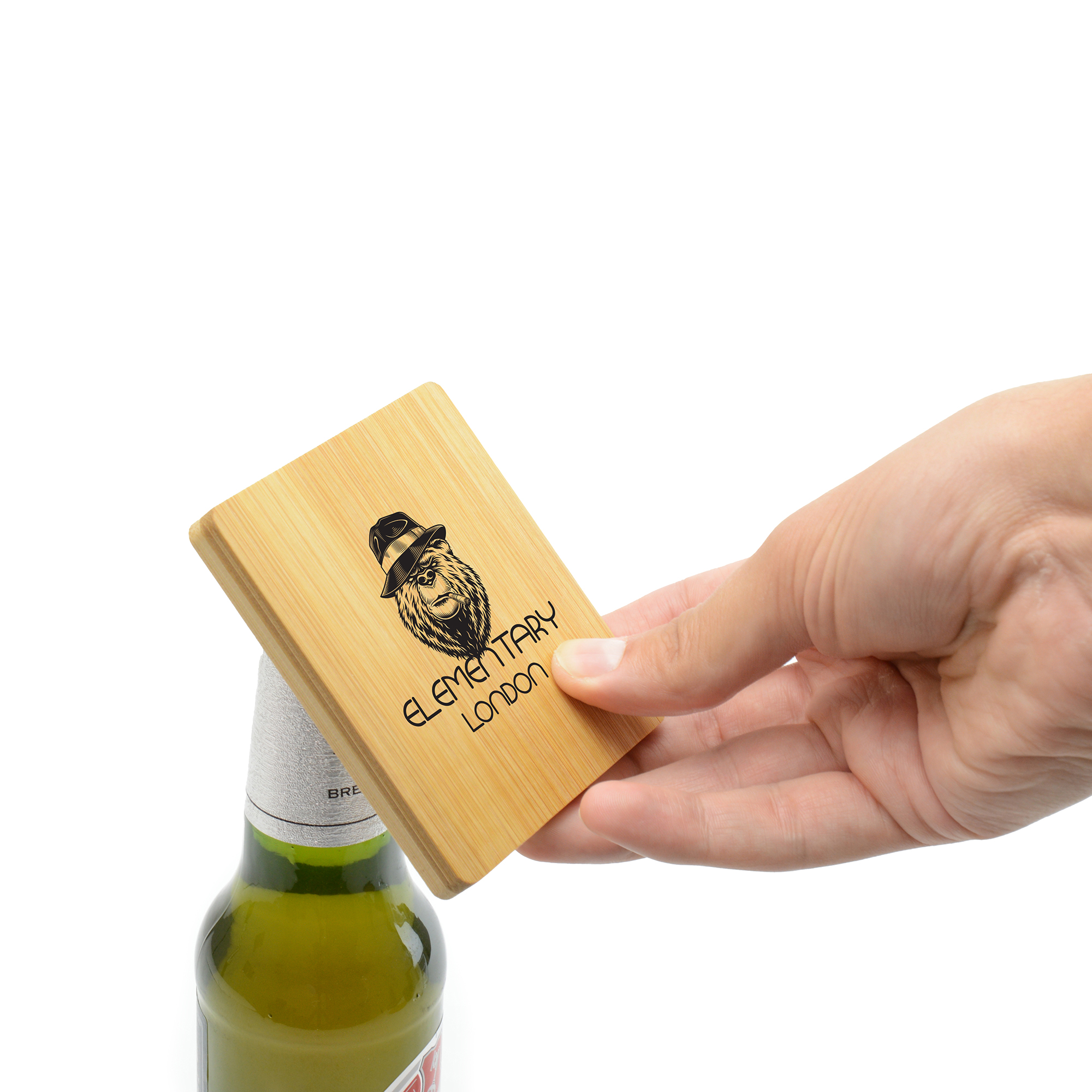 Eco-friendly bamboo 2-in-1 square coaster with a built-in iron bottle opener to keep the drinks flowing. Colour can vary due to it being a natural product.