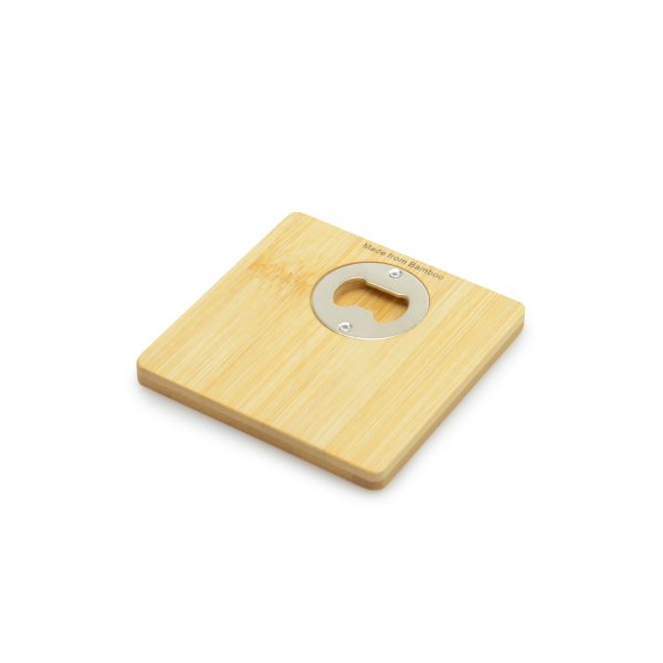 Eco-friendly bamboo 2-in-1 square coaster with a built-in iron bottle opener to keep the drinks flowing. Colour can vary due to it being a natural product.