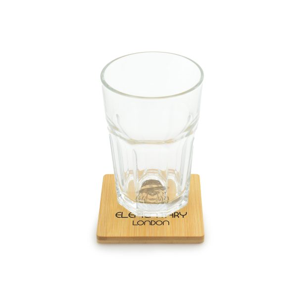 Eco-friendly bamboo 2-in-1 square coaster with a built-in iron bottle opener to keep the drinks flowing. Colour can vary due to it being a natural product.