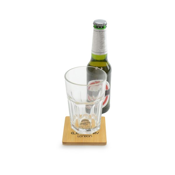Eco-friendly bamboo 2-in-1 square coaster with a built-in iron bottle opener to keep the drinks flowing. Colour can vary due to it being a natural product.