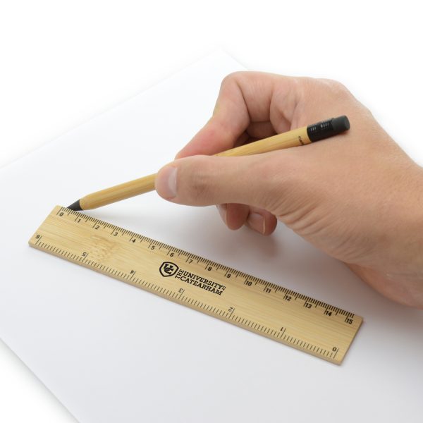 15cm (6in) bamboo ruler with centimetre and inch marking. Colour can vary due to it being a natural product.