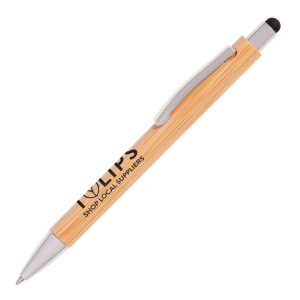 An eco-friendly push action ball pen with built in soft stylus. Made from a sustainable bamboo material.