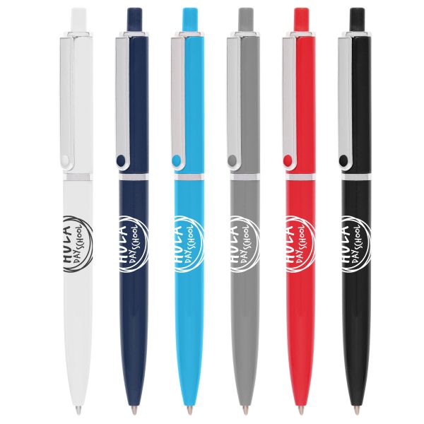 A plastic push action ball pen with metal trims for a high end feel on a budget. Choose from six popular colours.