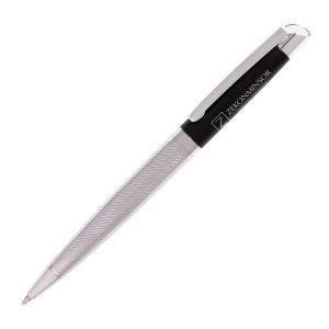 A metal twist action ball pen with a unique spiral textured lower barrel and a contrasting black satin upper barrel which engraves to reveal chrome to complement the high shine trims.