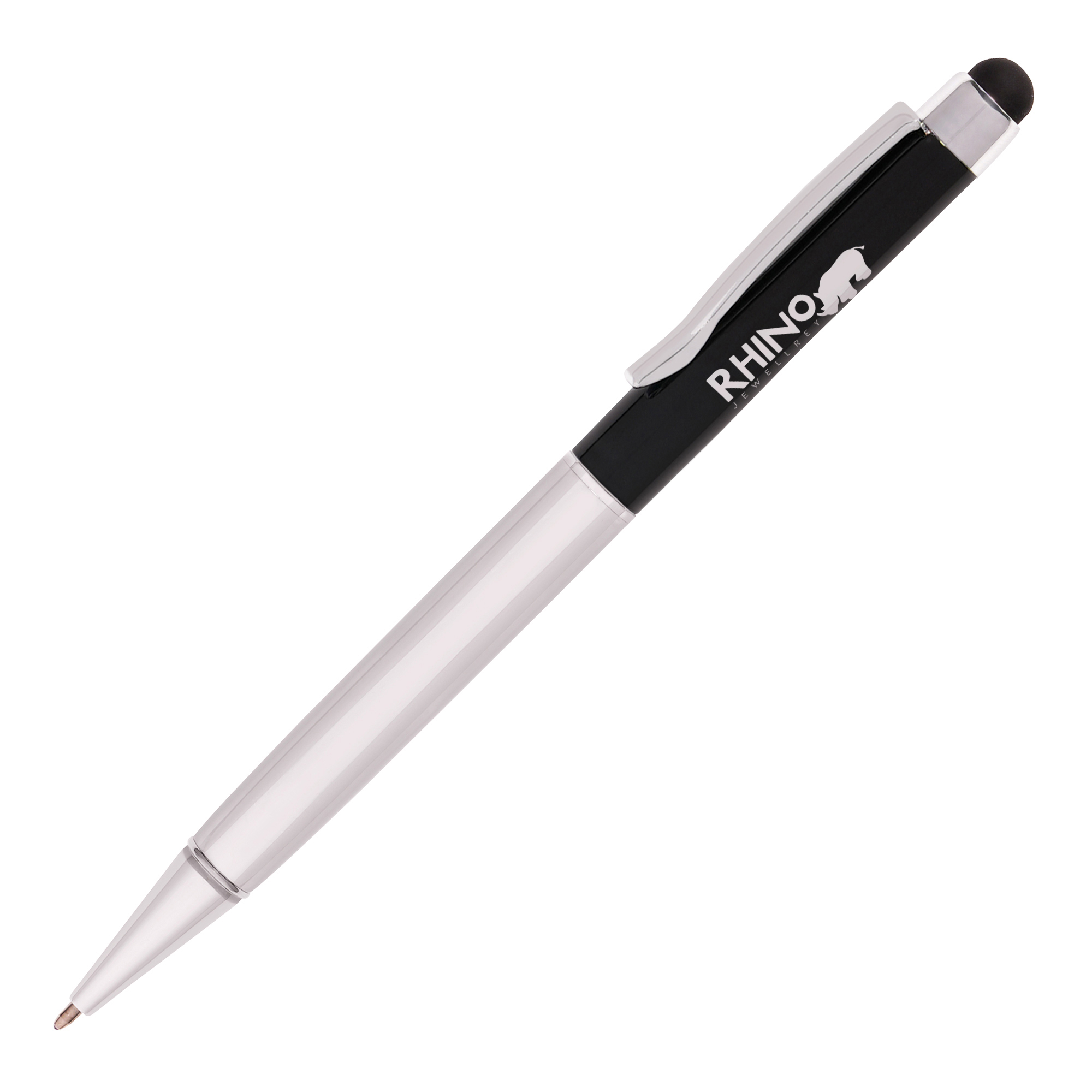 A metal twist action ball pen with soft touch stylus. The high shine metal trims add the finishing touches to this useful, dual purpose pen.