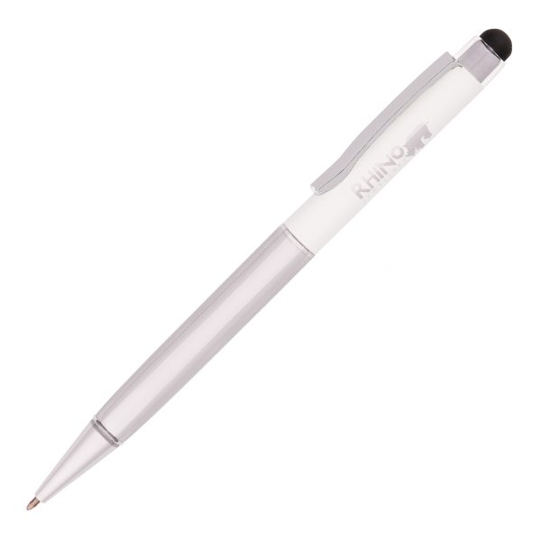 A metal twist action ball pen with soft touch stylus. The high shine metal trims add the finishing touches to this useful, dual purpose pen.