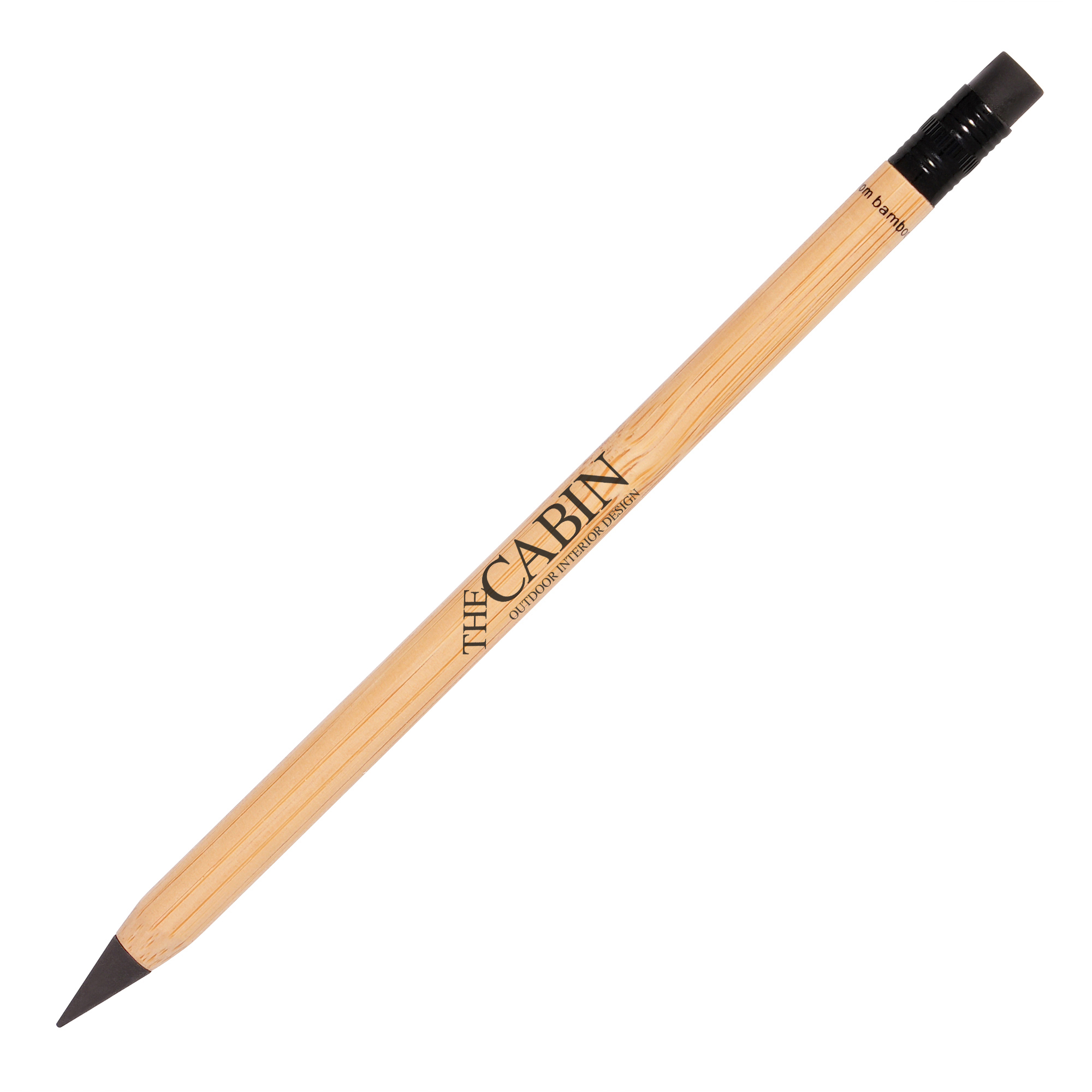 An eco-friendly bamboo pencil with eraser. The 99% graphite nib can be used time and time again without wearing down. Supplied with a pre-printed eco message, ‘made from bamboo’. Available with black or white eraser.