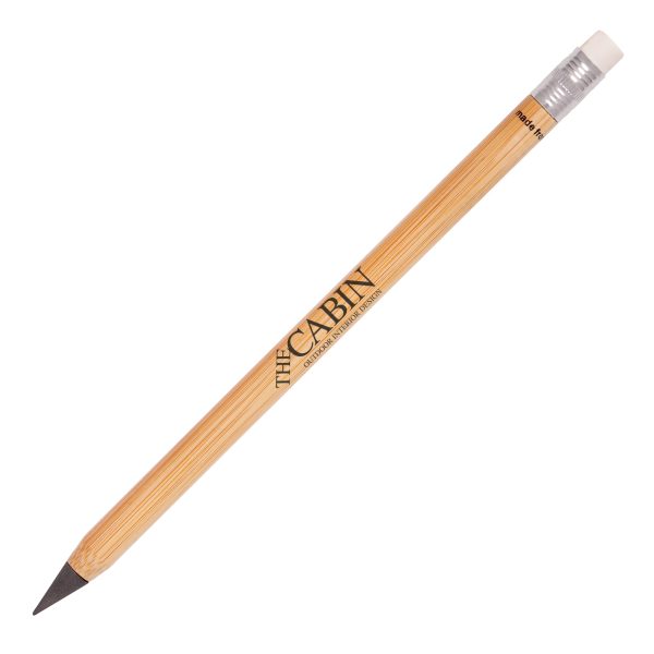 An eco-friendly bamboo pencil with eraser. The 99% graphite nib can be used time and time again without wearing down. Supplied with a pre-printed eco message, ‘made from bamboo’. Available with black or white eraser.