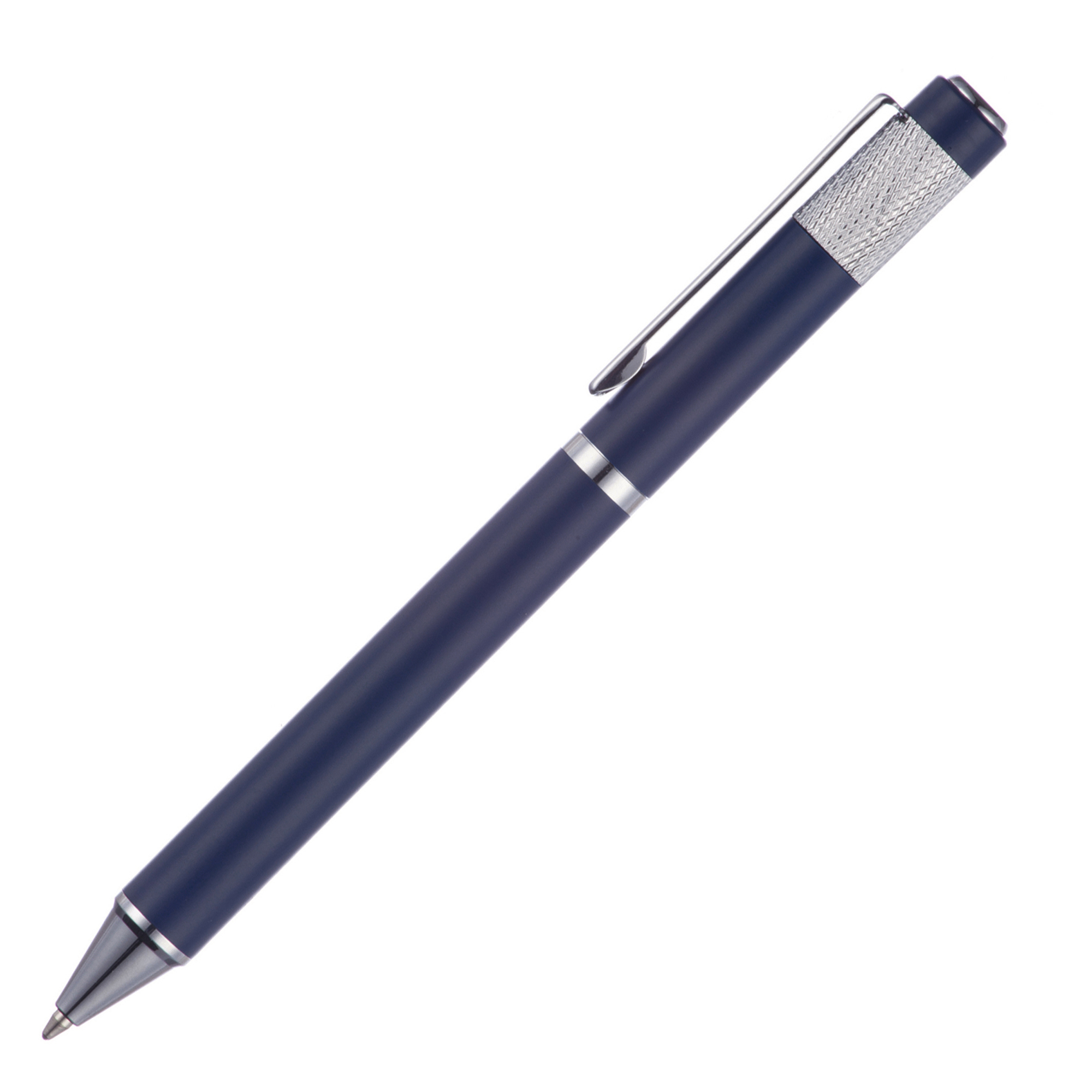 A substantial twist action ball pen. The matt dark blue and black versions are undercoated chrome for a mirror engrave finish if engraving is required.