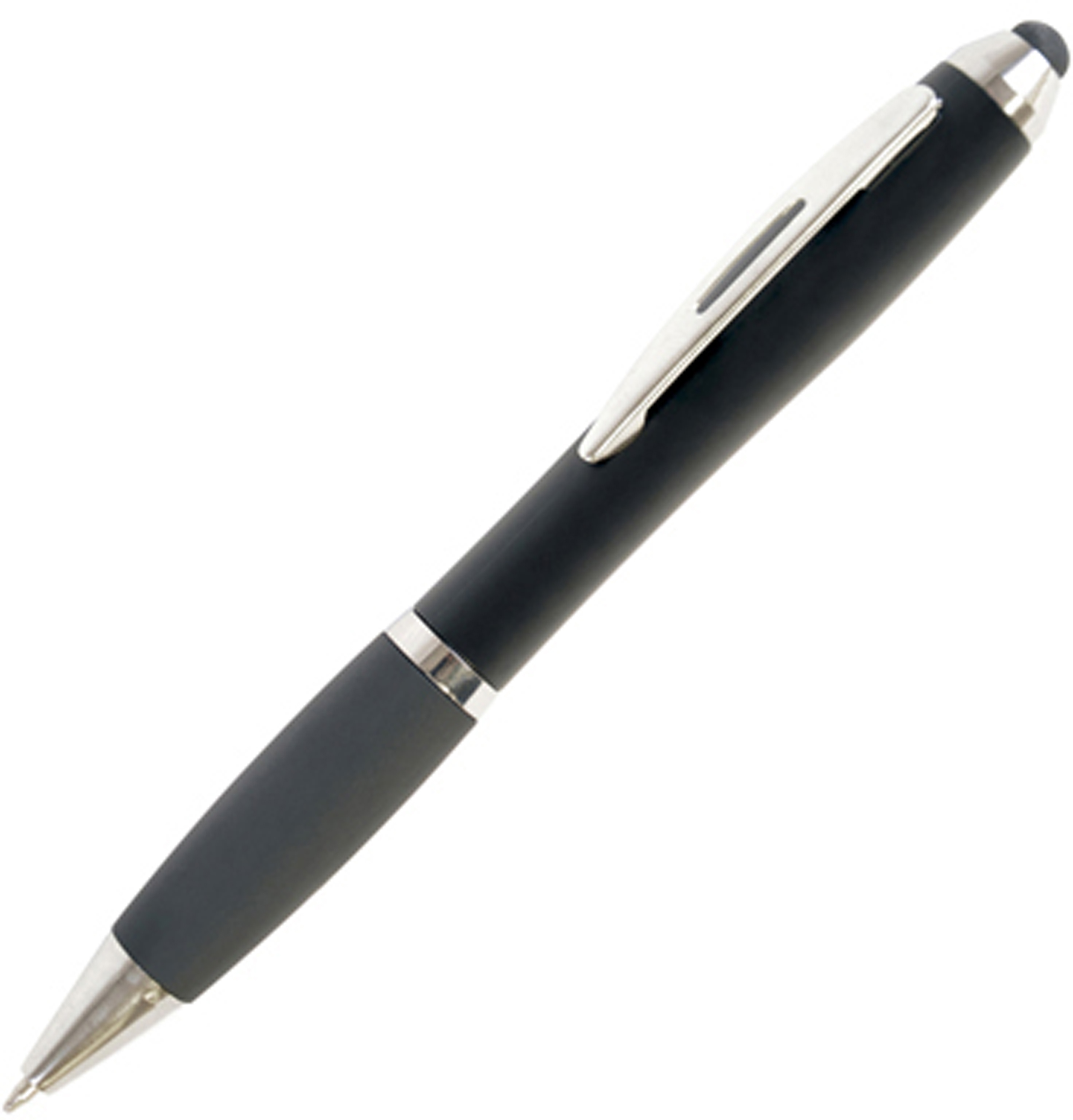 A curvy twist action ball pen with a soft stylus end piece (All Black). Black Ink.