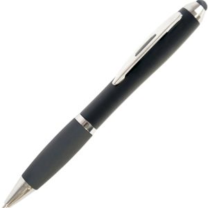 A curvy twist action ball pen with a soft stylus end piece (All Black). Black Ink.
