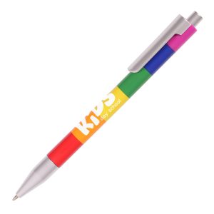 A push action ball pen with a vibrant rainbow inspired barrel and silver trims.