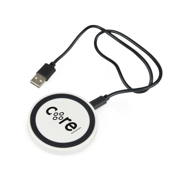 Wireless QI mobile phone charger supplied with a USB cable and complete with black silicone ring. Will charge most QI enabled devices.
