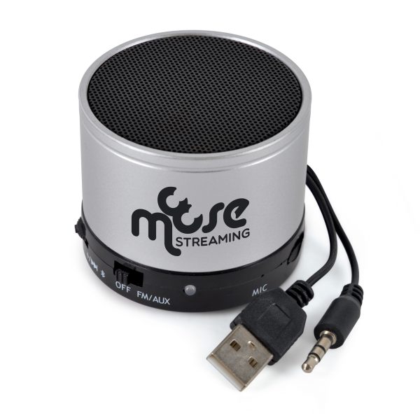 Bluetooth speaker with 2-in-1 cable with mini USB, USB and 3.5mm headphone jack,micro SD card slot, built-in-microphone and operates to a distance of approx. 10m unobstructed. Recharges via USB and user manual is included. Packaged in a black box.