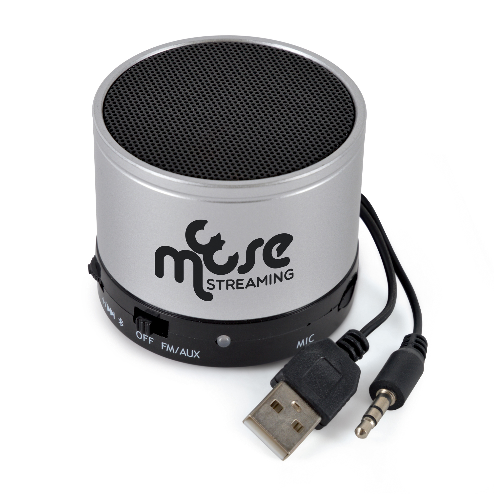 Bluetooth speaker with 2-in-1 cable with mini USB, USB and 3.5mm headphone jack,micro SD card slot, built-in-microphone and operates to a distance of approx. 10m unobstructed. Recharges via USB and user manual is included. Packaged in a black box.