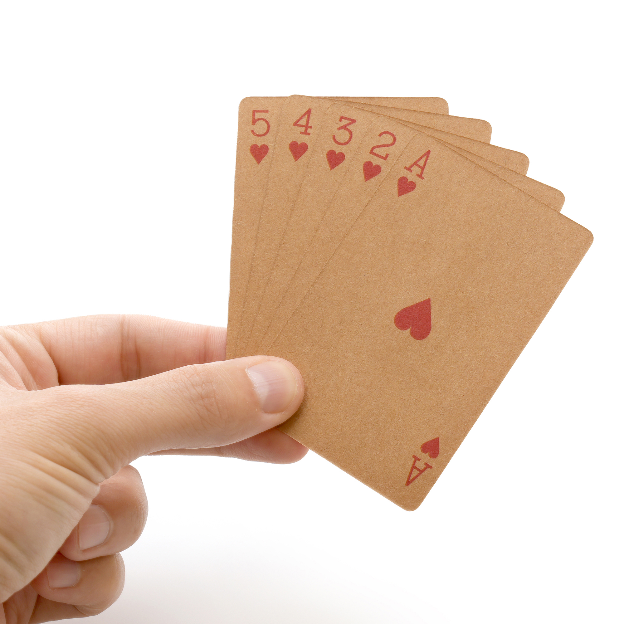 Deck of 54 classic 250gsm kraft paper playing cards housed in a brown cardboard box ready to print your company logo or have a full colour label. Playing cards cannot be personalised.