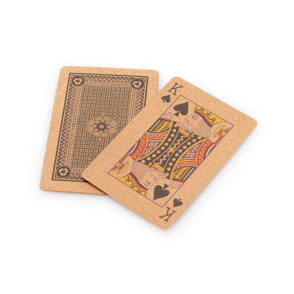 Deck of 54 classic 250gsm kraft paper playing cards housed in a brown cardboard box ready to print your company logo or have a full colour label. Playing cards cannot be personalised.