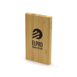 4000mAh power bank with a bamboo casing supplied with a USB to TYPE-C cable and packaged in a cardboard box with instruction manual. USB, micro USB and TYPE-C ports. Will charge most mobile phones.