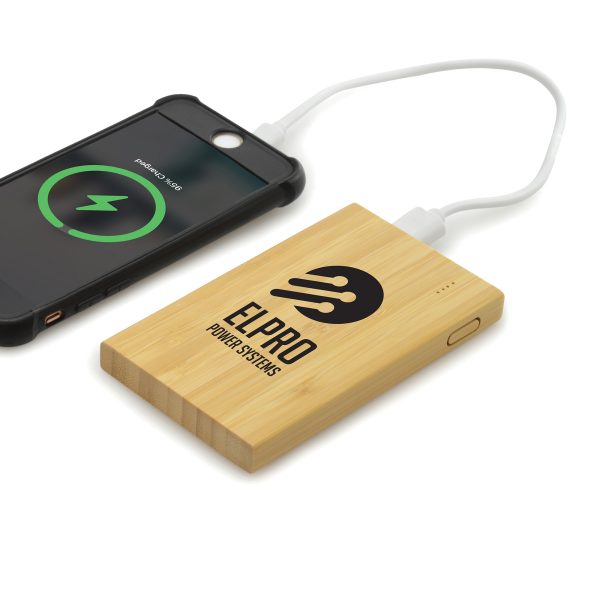 4000mAh power bank with a bamboo casing supplied with a USB to TYPE-C cable and packaged in a cardboard box with instruction manual. USB, micro USB and TYPE-C ports. Will charge most mobile phones.