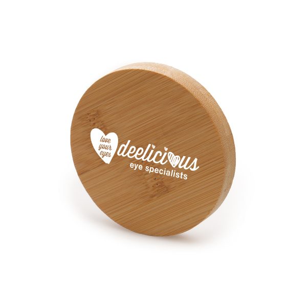 A round compact mirror in an eco-friendly bamboo casing with your choice of engraving or print to the back.